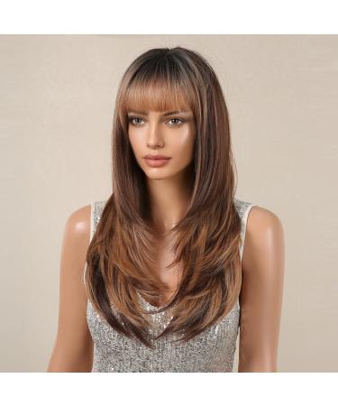 Allbell Colored Honey Brown Wigs for Women - Long Straight Layered Synthetic Wigs with Bangs | Shop 2127-2 Online - Buy Online on GoSupps.com