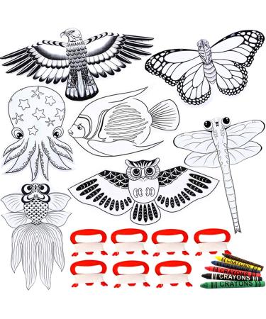 HENGDA KITE DIY Blank Painting Kite for Kids & Adults Kite Making Kit Bulk Decorating Coloring Kite Party Pack-Single Line-Come with Handles and Strings-White Diamond Kites #Animal 7 pack (Eagle+Octopus+Goldfish+Parrotfish+Butterfly+Owl+Dragonfly)