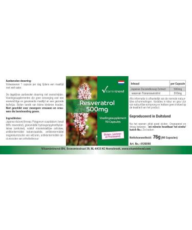 Resveratrol 500mg - 90 Vegan Capsules | High Dosage Knotweed Extract | Vitamintrend - International Shipping Available - Buy Online on GoSupps.com