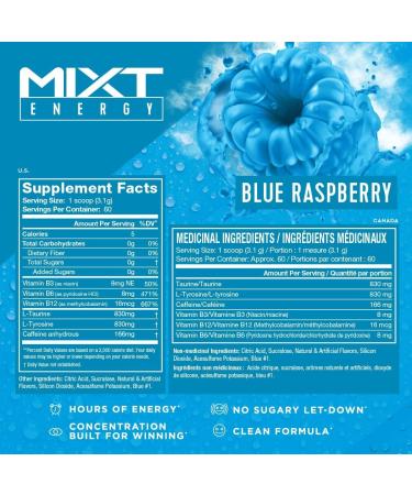 MIXT Energy Drink Mix Energy Powder 8 Hour Energy Formula Designed for Concentration Focus and Hours of Energy Without the Crash Sugar Free (60 Servings) (Blue Raspberry) - Buy Online on GoSupps.com