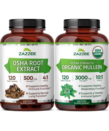 Zazzee Herbal Respiratory Lung Health Support Bundle | Organic Mullein Leaf Extract Plus 4:1 OSHA Root Extract Capsules | Non-GMO Vegan & ISO Lab Tested (120 Servings Each)