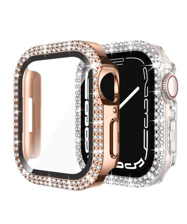 Recoppa 2-Pack Bling Case Compatible for Apple Watch 45mm Series 8/7 with Screen Protector Hard PC Shockproof Crystal Diamond Rhinestone Bumper Full Face Cover for iWatch Women (45mm Clear/Rosegold) 45mm Clear/Rosegold