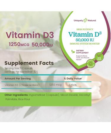Uniquely Natural Vitamin D3 50 000 IU 125mcg Capsules - 120 Organic Weekly Supplements Non-GMO Gluten Free Pills For Strong Bones Teeth Immune Support - Made in USA - Buy Online on GoSupps.com