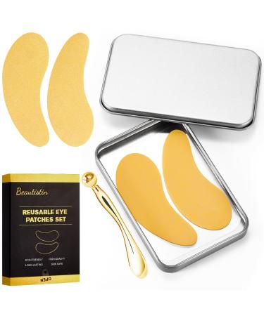 Under Eye Patches Silicone - 2 Pairs Reusable Eye Patches Eye Wrinkle Patches Reusable Under Eye Mask Plump Fine Lines & Wrinkles with Metal Eye Cream Applicator Tin Case Gold 1 Count (Pack of 2) Gold
