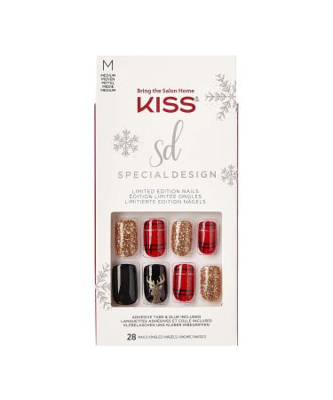 KISS Special Design Limited Edition Holiday Fake Nails  Style  Favorite Season   Multi-Colored Medium Square  with 24 Adhesive Tabs  Nail Glue  Mini File  Manicure Stick & 28 False Nails