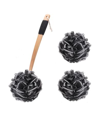 Shower Sponge with Long Handle Back Scrubber Brush and 2 Pieces Body Wash Puff 60g Black Loofah Bath Exfoliating Sponges for Men  Women and Elderly