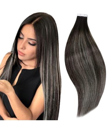 RUNATURE Black Tape in Hair Extensions Ombre Human Hair Tape in Extensions Black Ombre Silver Tape Hair Extensions Real Human Hair 18 Inch 50 Gram 18 Inch 1-Tape #1B/silver/1B