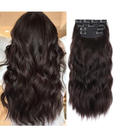 4Pcs Dark Brown Hair Extensions  20 Inches Clip in Hair Extensions  Long Curly Synthetic Hair Extensions Clip in Human Hair  Thick Brunette Hair Extensions (Color:Dark Brown)