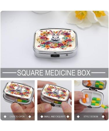 Watercolor Rabbit & Flowers Print Pill Box - 2 Compartment Metal Pill Organizer for Pocket & Purse - Decorative Medicine Storage - Buy Online on GoSupps.com