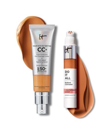 IT Cosmetics CC+ Cream with SPF 50+ Natural Finish Full Coverage Foundation (Tan Rich - 1.08 fl oz) & Do It All Radiant Concealer Multivitamin Serum Makeup (425 Tan Rich Cool - 0.2 fl oz)