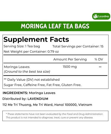 Lavendium Premium 15 Moringa Leaf Tea Bags 100% Natural and Pure from Moringa Leaves. Made with Eco-Conscious Tea Bags Moringa Leaf Herbal Tea. No Sugar No Caffeine No Gluten Vegan. - Buy Online on GoSupps.com