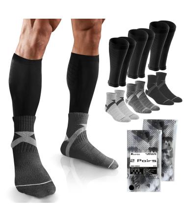 Calf Compression Sleeve (2 Pairs) & Sports Socks (2 Pairs) women compression socks mens compression socks leg warmers for men leg travel Sports yoga football basketball leggings workout black gym Medium(Men) 80%black