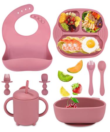 Jissta Baby Weaning Set 8 Pcs Silicone Baby Feeding Set with Suction Bowl Adjustable Bib Cup Fork & Spoo Baby Plate Silicone Plate Baby Non-Slip Without bpa (Pink)