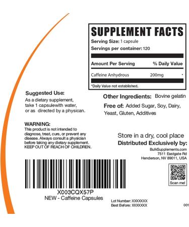 BulkSupplements Caffeine Capsules 200mg - Stay Awake Pills - 120 Capsules, 120-Day Supply - Buy Online on GoSupps.com
