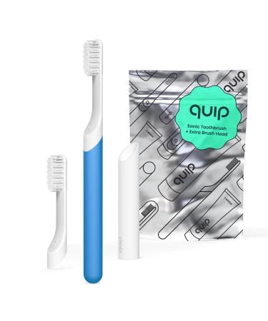 Quip Sonic Toothbrush for Adults with Timer - Includes Extra Brush Head and Travel Cover Mount - Electric Soft Bristle Refill Head Plastic Handle 3 Month Battery Life - Travel Toothbrush - Blue