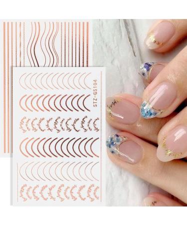 French Metallic Line Nail Art Stickers Decals 8 Sheet Self-Adhesive Rose Gold Metal Curve Stripe Design Manicure Tips Nail Decoration for Women Girls - Buy Online on GoSupps.com