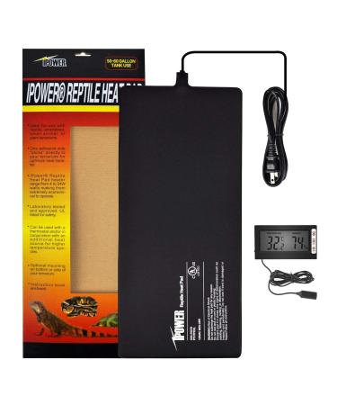 iPower Reptile Heat Mat 4W/8W/16W/24W Under Tank Heater Terrarium Heating Pad and Digital Hygrometer with Humidity Probe or Digital Thermostat Controller for Amphibians and Reptiles Pet, Multi Sizes 8" x 18" Pad + Hygrometer