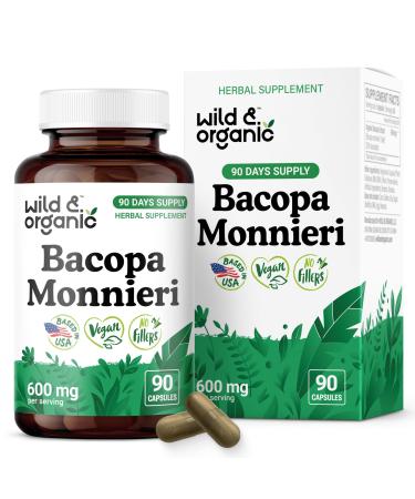 Wild & Organic Bacopa Capsules 600 mg - Brain Support - Natural Bacopa Monnieri Supplement - Brahmi Capsules - 90 Days of Supply - Vegan No Fillers Non-GMO - 90 Count 90 Count (Pack of 1)