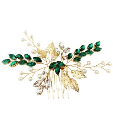Bride Wedding Hair Comb Crystal Rhinestone Pearls Silver Leaf Hair Piece Accessories for Women Girls Homecoming Party (Green)