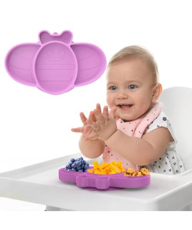 Bee Bright Baby Suction Plate Non Slip Silicone Baby Weaning Plate No More Meal Time Mess Stay Put Toddler Feeding Plate with Suction Dishwasher Safe (Purple)