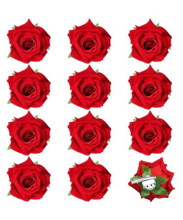 12 Pack Rose Floral Brooch Floral Hair Clips Mexican Hair Flowers Hairpin Party Supplies for Women Rose Hair Accessories Wedding Pack (Red)