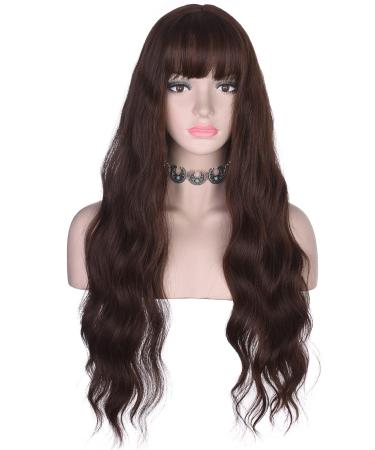 AMZCOS Long Wavy Brown Wig with Bangs for Women | Heat Resistant Synthetic Hair Wigs for Daily Use (Brown)