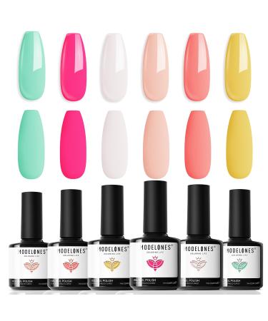 Modelones Gel Nail Polish - 6 Colors Summer Gel Polish Popular Bright Yellow Pink Gel Nail Soak Off U V Gel Nail Kit Beauty Gifts Set Box
