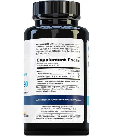 Vitauthority Extra Strength Berberine with Ceylon Cinnamon - High Absorption Dihydroberberine Supplement for Metabolic Support - Vegan AMPk Activator - 30 Servings - Buy Online on GoSupps.com