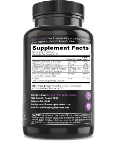 Iron Supplement 2-in-1 Complete Complex - Natural Flow 2X Heme and Chelated Non Heme Iron Bisglycinate Folate B and Vitamin C for Anemia and Blood Building Support Gentle on Stomach 60 Caps (60) - Buy Online on GoSupps.com