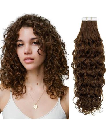RUNATURE Curly Tape in Hair Extensions Human Hair Brown Tape in Extensions Human Hair Tape Hair Extensions Natural Wavy 14 Inch 50 Gram 14 Inch 2-Tape #4-NW