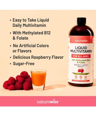NatureWise Liquid Multivitamin for Women Men of All Ages - Sugar Free Vegan - Vitamins for Energy Levels Beauty Immune Health with Methylated B12 & Folate - Non-GMO - 30 fl oz(887 mL) - Buy Online on GoSupps.com