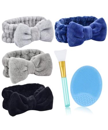 4Pack Spa Headband MORGLES Facial Makeup Headband Bowknot Elastic Headband with Face Scrubber& Face Mask Brush for Women Washing Face and Skincare (Gray White Black Blue) Style 2