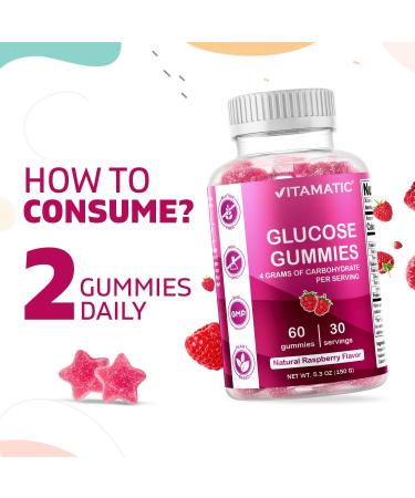 Vitamatic Glucose Chewable Gummies - 60 Count - Natural Raspberry Flavor - Low Carb 4G - International Shipping Available - Buy Online on GoSupps.com