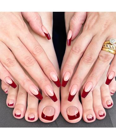 48 Pcs French Tip Square Press on Nails & Toenails Set - White Pink Medium Coffin Glossy False Nails for Women & Girls with Adhesive Glue & Nail File - Buy Online on GoSupps.com