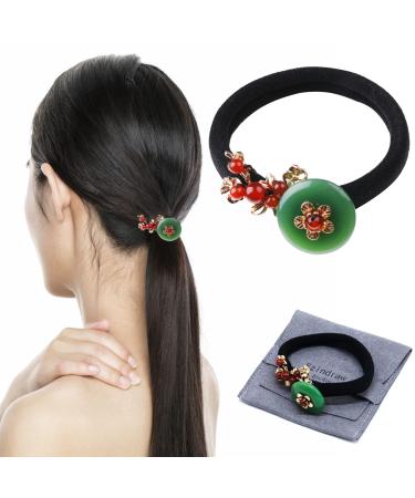 Vintage Natural Jade Gemstone Hair Tie  Emerald Pearl Ponytail Holder  Flower Hair Elastic Rope  Chinese Hair Accessories for Women  Girls  Bridesmaid  Green Jade Donut Jewelry for Chinese Hanfu Dress