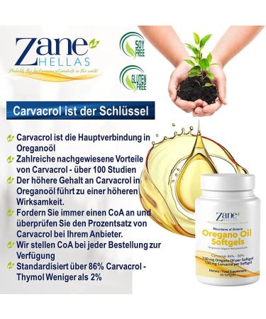 Zane Hellas Oregano Oil Capsules - 150mg Essential Oregano Oil & 130mg Carvacrol - Immune & Intestinal Support - 60 Count | Highest Concentration - Buy Online on GoSupps.com