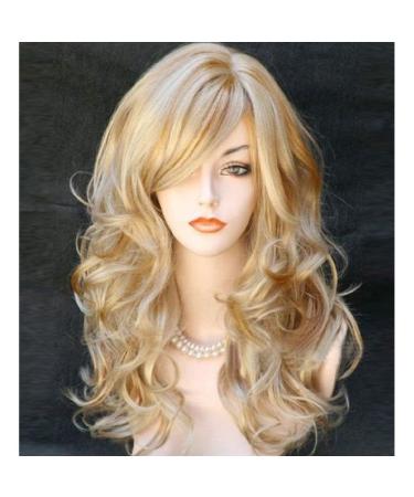 BERON 21 Stylish Long Curly Wavy Blonde Hair Wig with Bangs Party Perruque Halloween Cosplay Party Costume Wig(Mixed Blonde) Mix Blonde