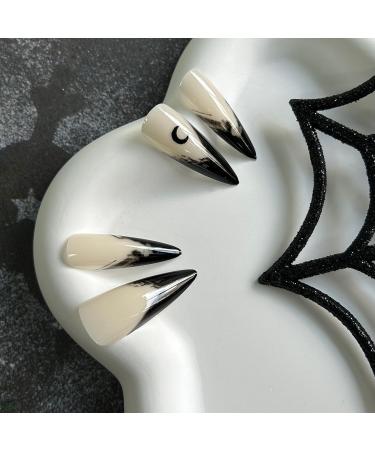 Shop Gothic Halloween Press-On Nails | Medium Almond Black French Tip Design - 24pcs Acrylic Stick-On Witch Nails for Women & Girls - Buy Online on GoSupps.com