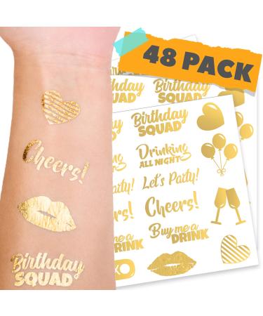 CORRURE 48pcs Birthday Tattoos - Gold Temporary Tattoos Metallic for Women and Men - Happy Birthday Squad Tattoos for Girls  18th 21st 25th 30th or Any Adult Bday - 11 Flash Party Tattoos