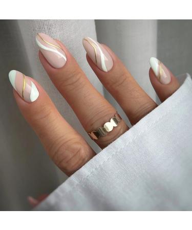 Justotry 24 pieces gold wavy stiletto nails to stick on short white French press on nails pretty almond art nail fake nails medium fingernails artificial nails for women white & wavy1