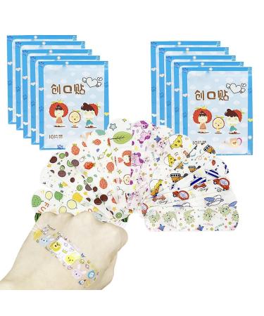 100PCS Transparent Cartoon Bandages 10 Different Patterns Fabric Adhesive Bandages Breathable First Aid Emergency Kit for Kids Blue Cartoon Package
