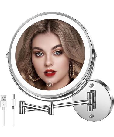 MNIENT Wall Mounted Lighted Makeup Mirror 8 Rechargeable Double Sided Magnifying Mirror 1x/10x 3 Colors Led Vanity Mirror with Lights Touch Dimmable 360 Rotation Foldable Light up Mirror