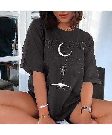 Vintage Skull Print Graphic Tee - Women's Sun and Moon Short Sleeve Top - Dark Gray Loose Blouse - Buy Online on GoSupps.com