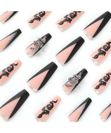 24 Pcs Long Coffin Black French Tip Press on Nails with Silver Snake Rhinestone - Exquisite Acrylic False Nails for Manicure Decoration - Buy Online on GoSupps.com