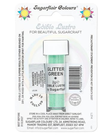 Sugarflair Glitter Green Edible Lustre Dust Add a Lustrous Shine to Cakes or Decorations. Brush On or Add Rejuvenator to Create Eye-Catching Edible Paint Gives Shine to Your Bakes - 2g