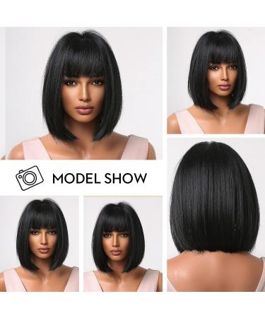 AWEE Black Short Bob Wig with Bangs - 10 Inch Natural Straight Synthetic Hair for Daily Wear and Cosplay - Buy Online on GoSupps.com