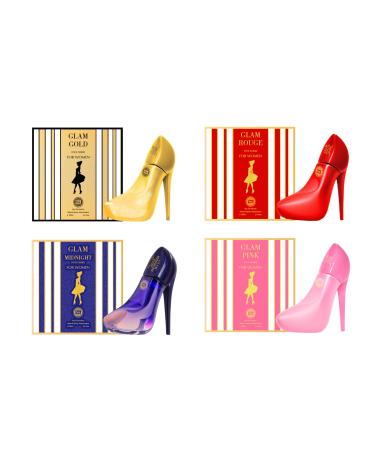 Hybrid & Company Women Glam Girl 4 Pcs Eau De Parfum Natural Spray Vaporisateur 3.4 Fl Oz GLAM GIRL GOLD ROUGE MID NIGHT PINK 3.4 Fl Oz (Pack of 4)