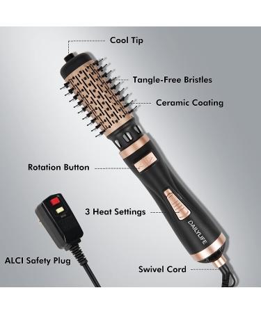DAILYLIFE Rotating Hair Dryer Brush with 2 Brushes - 4-in-1 Hot Air Styler for Drying, Curling, Straightening - Black & Gold - Buy Online on GoSupps.com