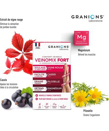 GRANIONS - VEINOMIX FORT - Powerful draining water retention - Blood circulation Legs - Red vine + Vitamin C + Vitamin E - Re - Buy Online on GoSupps.com