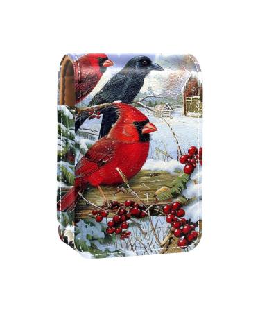 Lipstick Case Leather Lip Gloss Lipstick Organizer with Mirror Mini Lipstick Holder Bag Winter Red Bird Snow J616a3kaya
